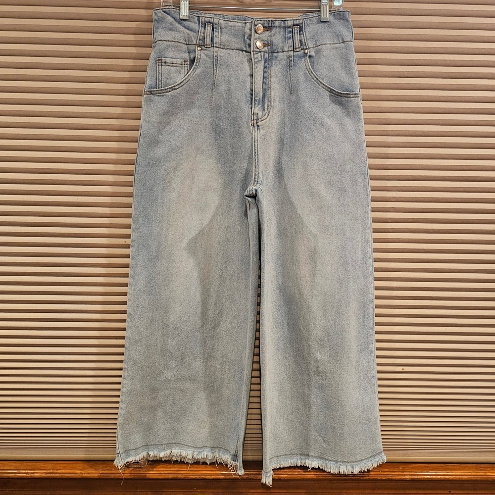 ITOO Italy Wide Leg Jeans Light Wash Raw Hem High Waist Denim ITP4102 Size L